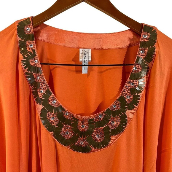 Kenneth Cole Orange Batwing Blouse Size Large Beaded Rhinestone Bling Flowy Top - Picture 2 of 9